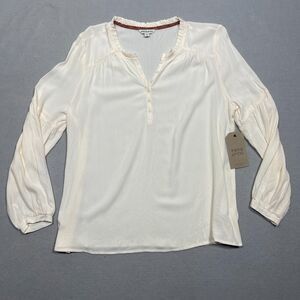 Frye Top Women Large Henley  Blouse Coconut Sugar Rayon‎ Crinkle Blouse Costal